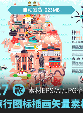 手绘扁平韩国旅游路线插画民俗特色文化景点地标建筑矢量设计素材