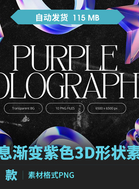 10个全息渐变紫色光影抽象概念3D形状PNG图片素材