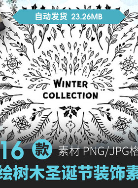 手绘树木树叶圣诞节装饰线稿草本植物素描包装设计PNG免抠图素材