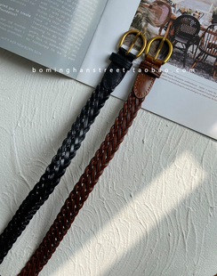 饰ins风黑棕裤 装 带简约 二层牛皮编织腰带女士皮带百搭牛仔裤 新款