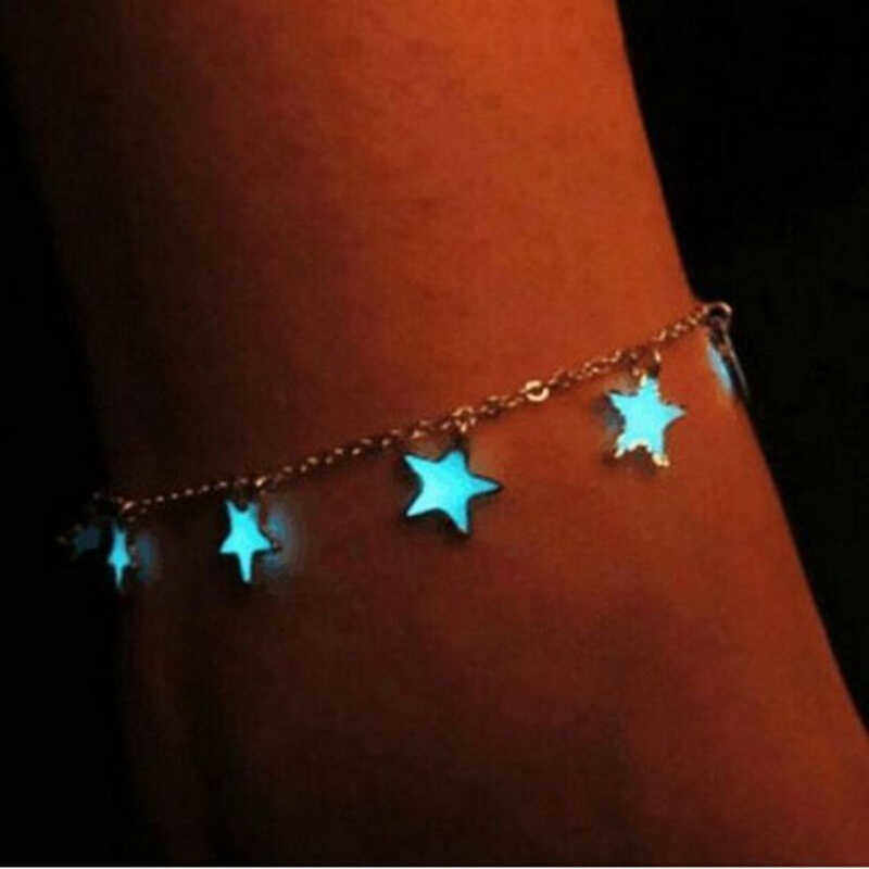 欧美饰品女脚链夜明珠简约链沙滩风夜光蓝色五角星星流苏学生荧光
