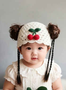 女宝宝假发帽子白色春秋婴儿中国风小辫子胎帽公主套头帽0-1-2岁