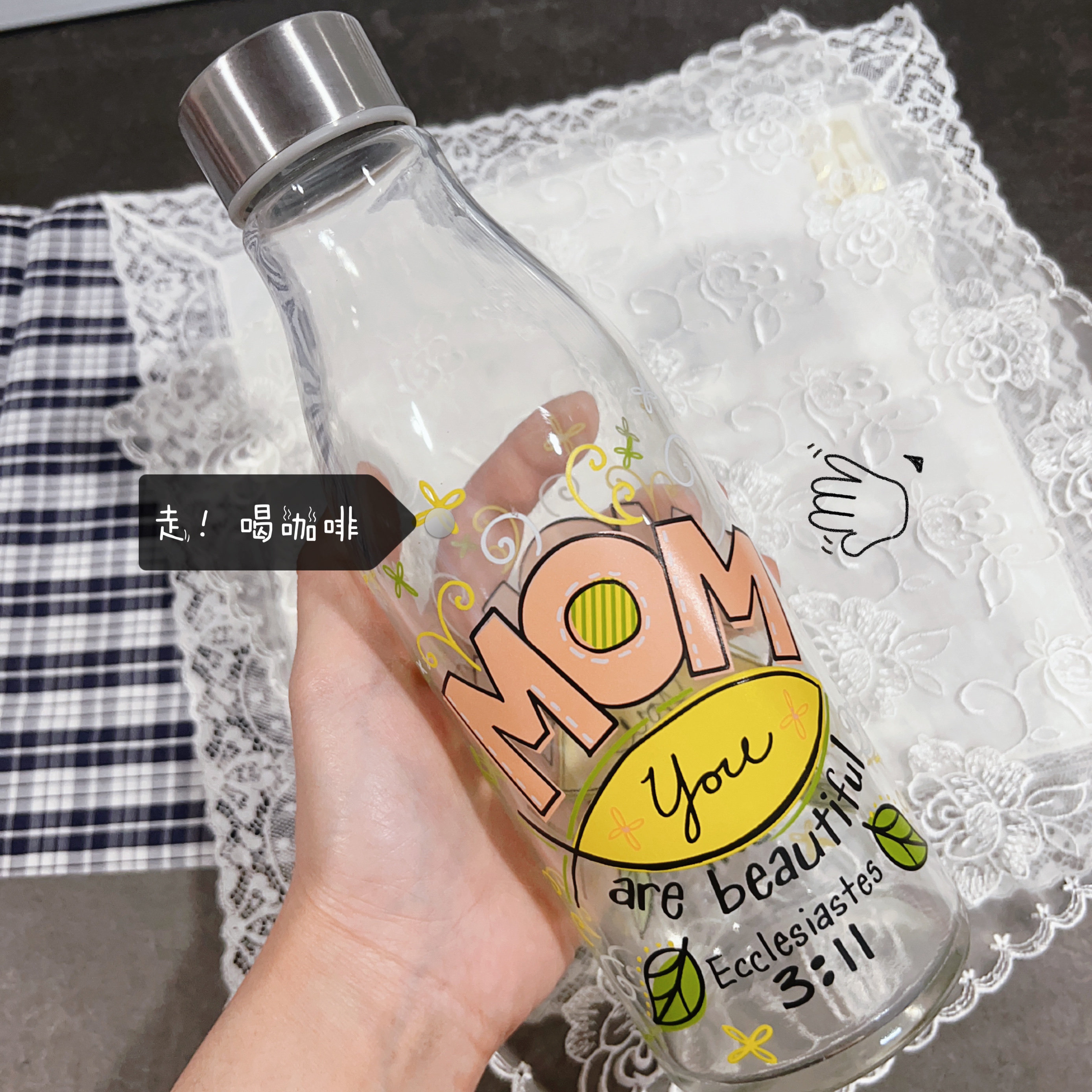 外贸尾货玻璃水瓶 饮料瓶牛奶瓶MOM涂鸦打咖啡随手瓶冻冷饮冷茶
