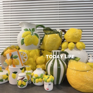 外贸孤品 柠檬水果系列 陶瓷花瓶水壶 马克杯储物罐子 装饰摆件