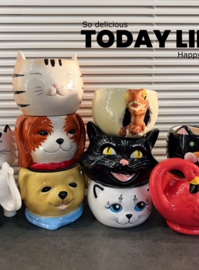外贸孤品猫狗造型陶瓷花盆摆件