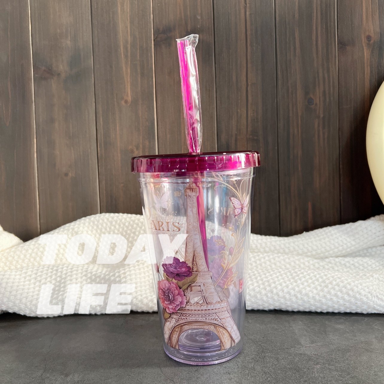 ins风紫红巴黎亚克力双层吸管杯冷饮杯饮料杯果汁杯星冰乐杯