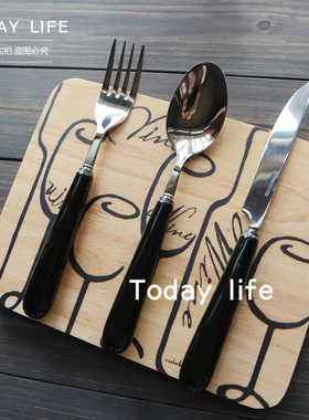 美式西餐三件套黑色陶瓷柄不锈钢刀勺叉大勺西餐叉西餐刀面包刀