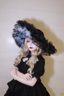 原创Lolita手作哥特暗黑寡妇帽黑珍珠流苏蕾丝黑玫瑰羽毛拍照道具