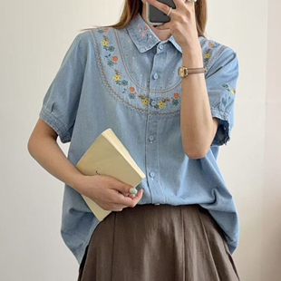 小众绣花翻领长袖衬衫女 森女系复古民族风刺绣牛仔上衣