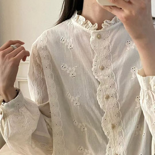 学院风衬衣木耳领花边衬衫 26春衬衫 衬衣甜美法式 新款 蕾丝刺绣长袖