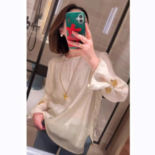 新中式国风女装香云纱浮光锦提花袖口钉珠衬衫百搭上衣衬衣打底衫