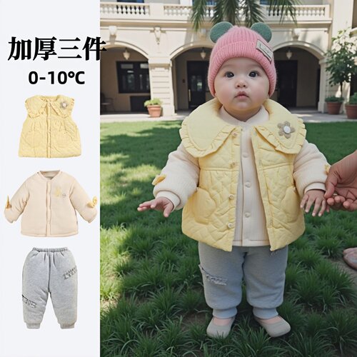 女宝宝加厚冬季分体棉衣三件套装