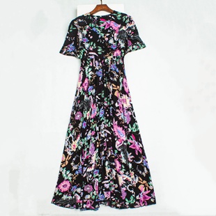 外贸单 人棉垂感大裙摆度假风长裙 复古印花V领收腰连衣裙女