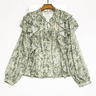 复古温柔风长袖 外贸单 荷叶边系带 女 上衣 绿色碎花雪纺衫