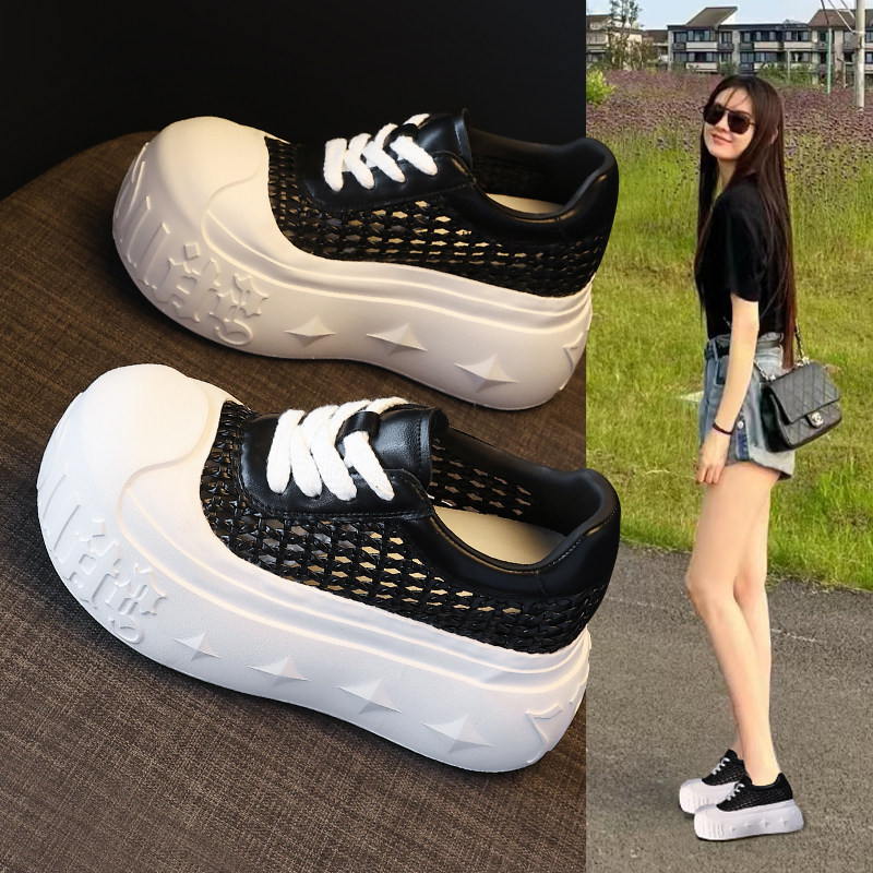 厚底内增高镂空透气真皮洞洞潮女夏2026新款小个子休闲松糕小白鞋