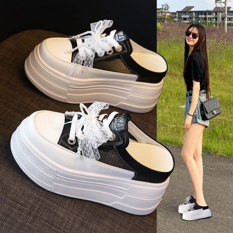 厚底增高包头半拖鞋女夏新款夏季一脚蹬无后跟懒人网红松糕小白鞋