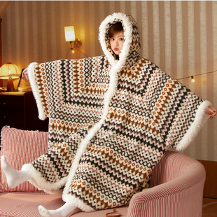 加厚毛绒可外穿珊瑚绒睡衣家居服保暖套装 长款 睡袍女秋冬季 斗篷式