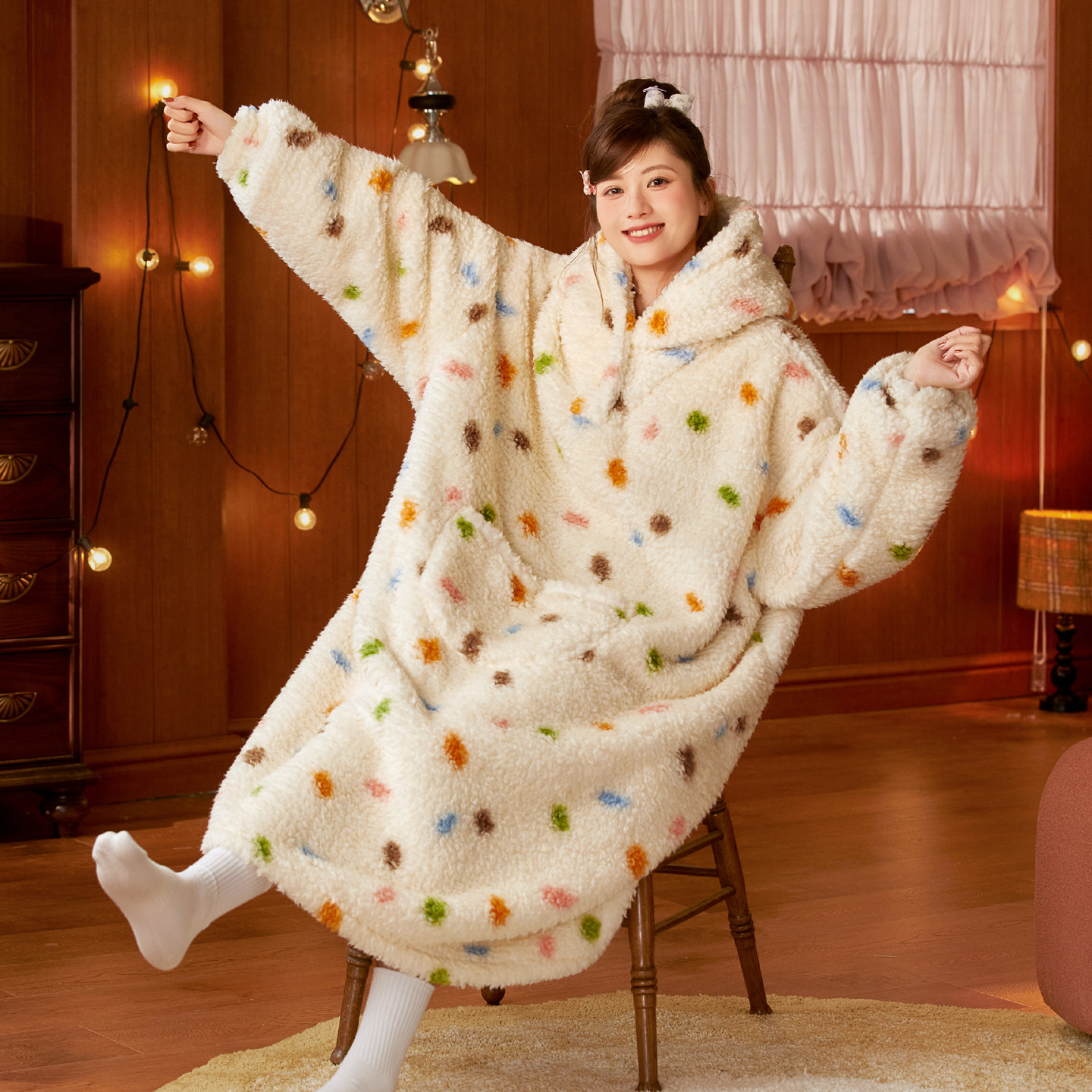 长款卡通珊瑚绒冬季家居服套装甜美风可爱睡裙睡衣睡袍女连帽保暖