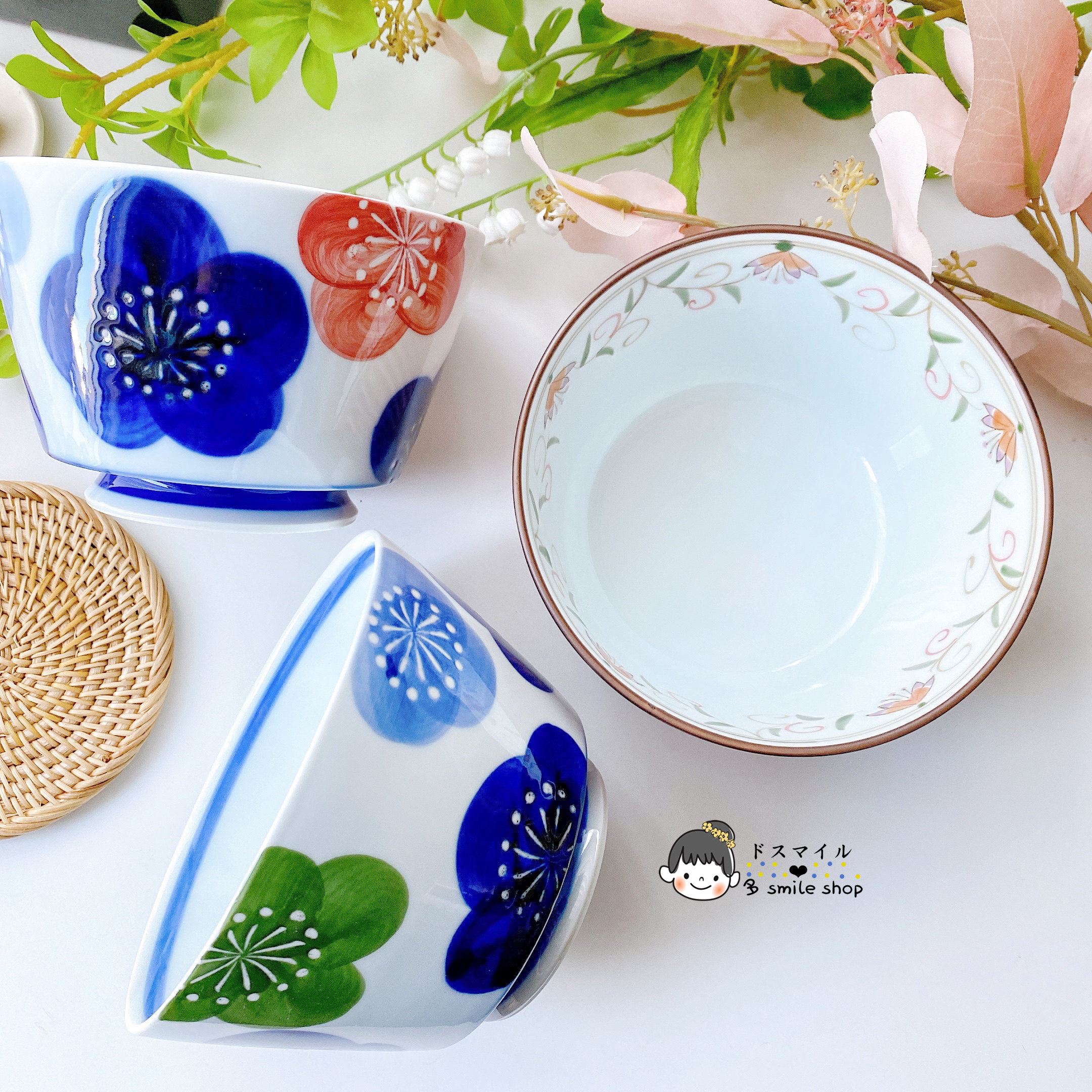 现货日本进口有田烧日式和风餐具碗红花莲花朵蓝红梅花大碗丼碗