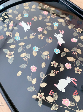 现货日本进口山中漆器树脂花兔子繁花植物茶具托盘茶盘M15405