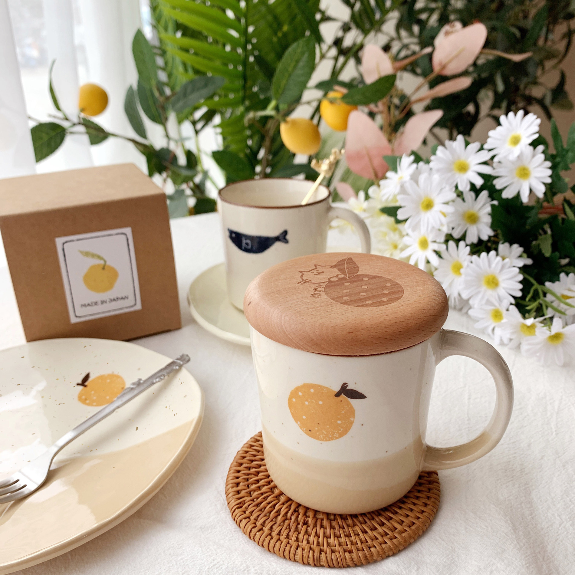 包邮现货日本制拼色手作陶瓷柚子橘橙鱼咖啡奶茶马克杯子盘子餐具
