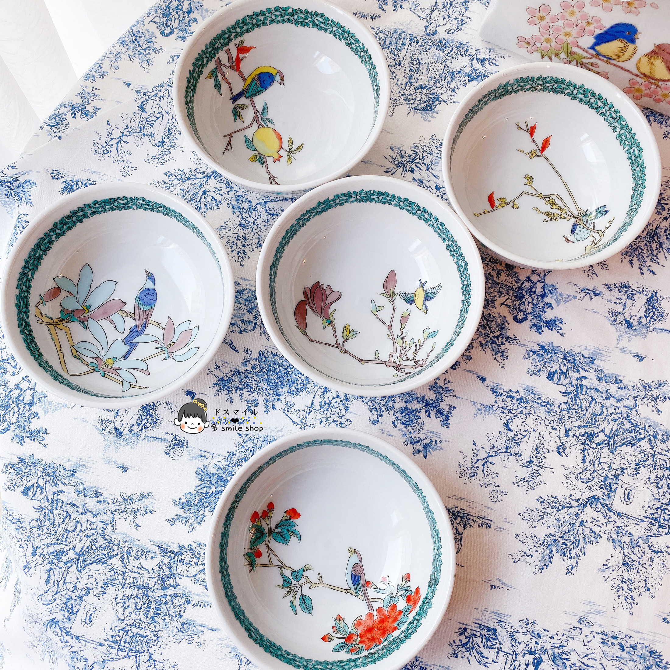 九谷烧手绘冰裂釉花鸟樱花饭碗