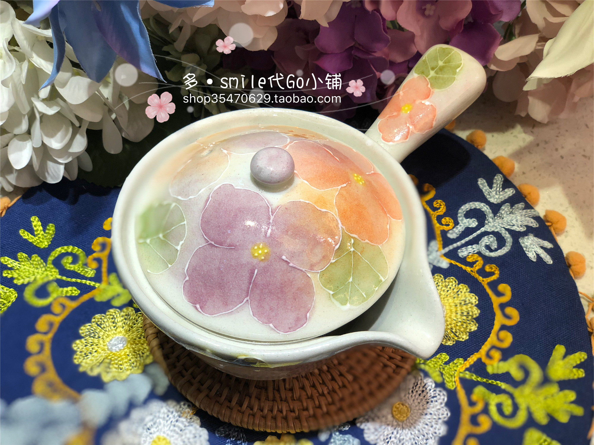 日本濑户烧手绘釉下彩繁花樱花花卉茶壶配滤网急须u型壶