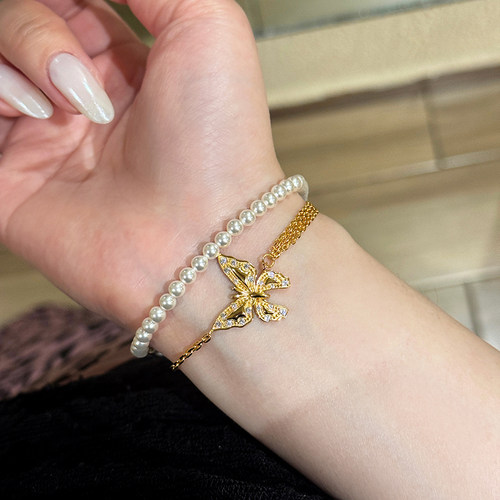 法式浪漫镶钻蝴蝶手链多层混搭