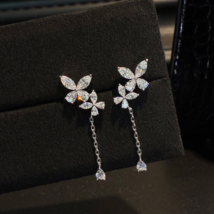 超仙四叶草蝴蝶钻石流苏耳钉女925纯银人工钻石耳环森系耳饰耳坠