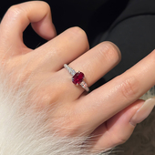 复古轻奢人造仿真红宝石戒指女日常1.5克拉椭圆鸽子蛋鸽血红彩宝