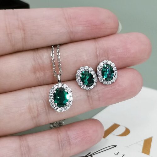 复古小巧的培育祖母绿项链耳钉