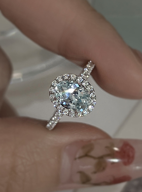 轻奢钻石围镶人工培育海蓝宝戒指女2克拉椭圆蓝宝石彩宝镶钻戒子