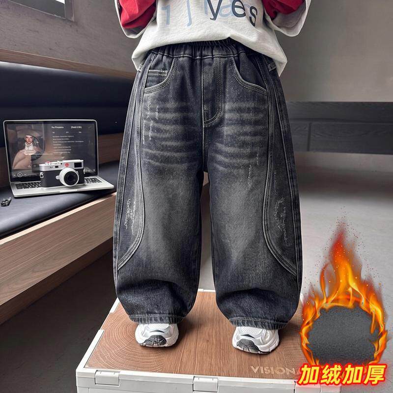 男童秋冬装贴标加绒牛仔裤韩版儿童一体绒休闲裤中小童裤子外贸