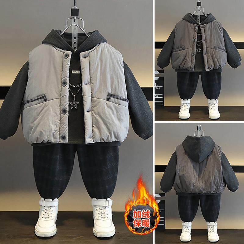 男童冬装口袋格子棉衣三件套韩版儿童加绒套装中小童加厚衣服跨境