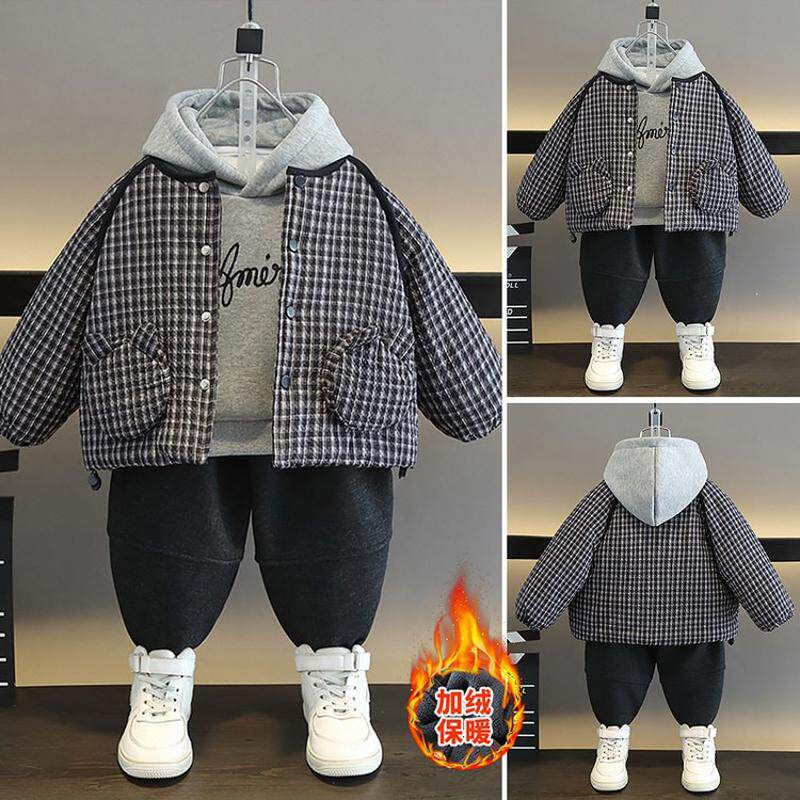 男童冬装格子棉衣三件套韩版儿童痞帅加绒套装中小童加厚衣服跨境