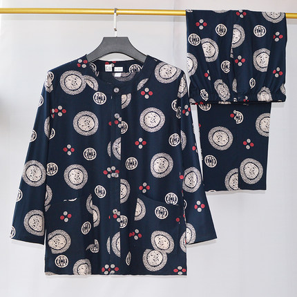 中老年男士爸爸爷爷绵绸夏季纯棉开衫中长袖棉绸套装家居服睡衣
