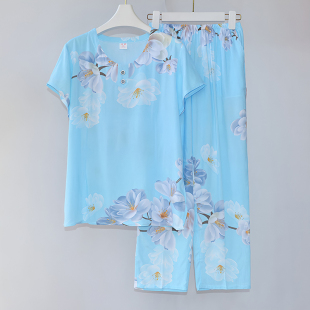 睡衣女夏薄款绵绸中老年人妈妈运动宽松外出短袖家居服棉绸套装