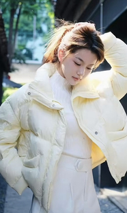 鹅黄色立领连帽小个子短款羽绒服女 2024冬新款洋气减龄显白外套