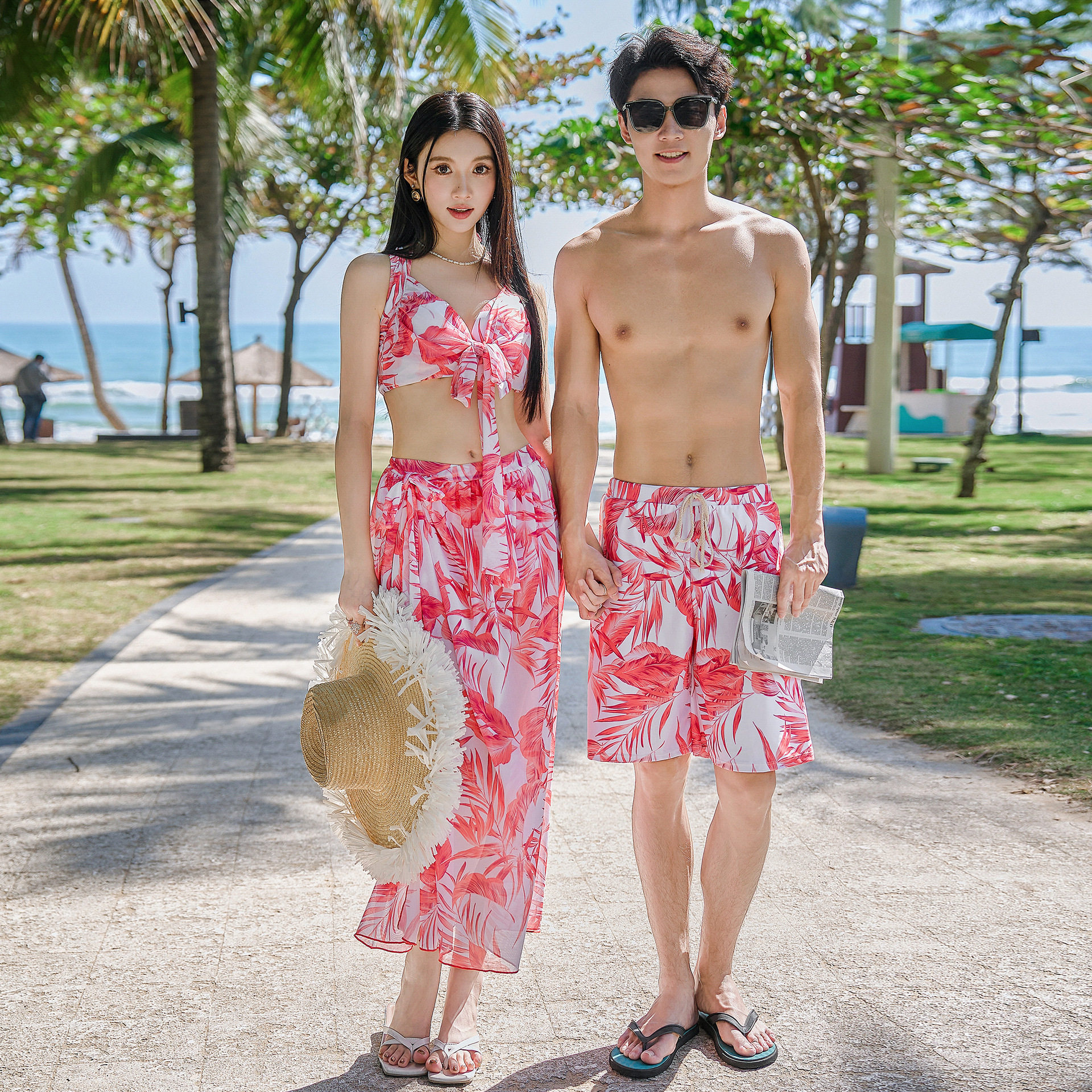 时尚情侣装泳衣新款小胸钢托聚拢平角裤三件套比基尼沙滩温泉泳装