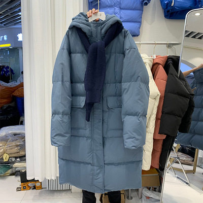 2024新款韩版围巾款羽绒服女中长款过膝宽松加厚情侣款学生外套潮