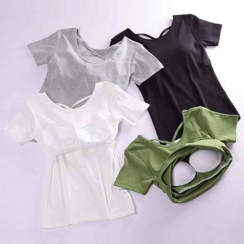 纯棉带胸垫免穿文胸美背打底T恤