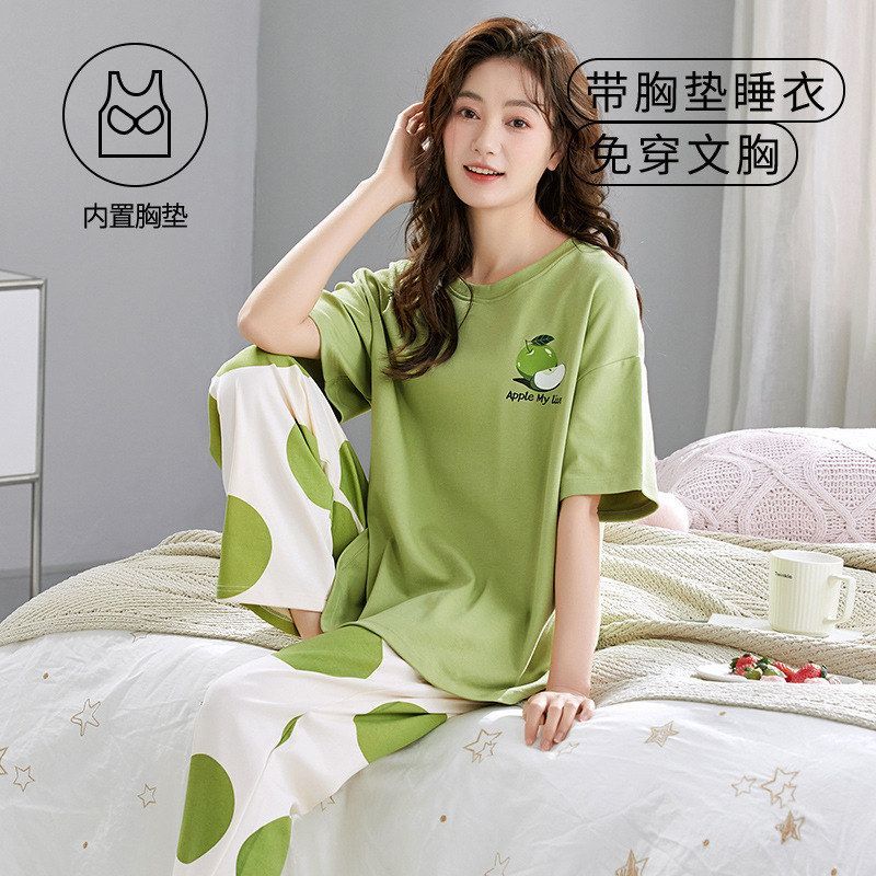 春夏季女士睡衣短袖长裤带胸垫可外穿圆领休闲大码甜美家居服套装