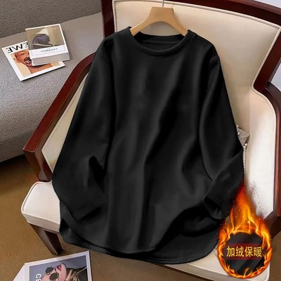 秋冬季德绒加绒打底衫女宽松加厚抓绒中长款开叉上衣内搭长袖t恤