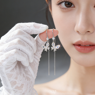 超火蝴蝶很仙法式 银色耳线耳环长款 2026新款 精致气质古风耳饰夏季