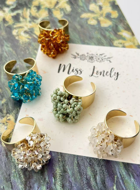 孤独少女 手工制作花朵串珠戒指925银针指环新款设计简约时尚气质