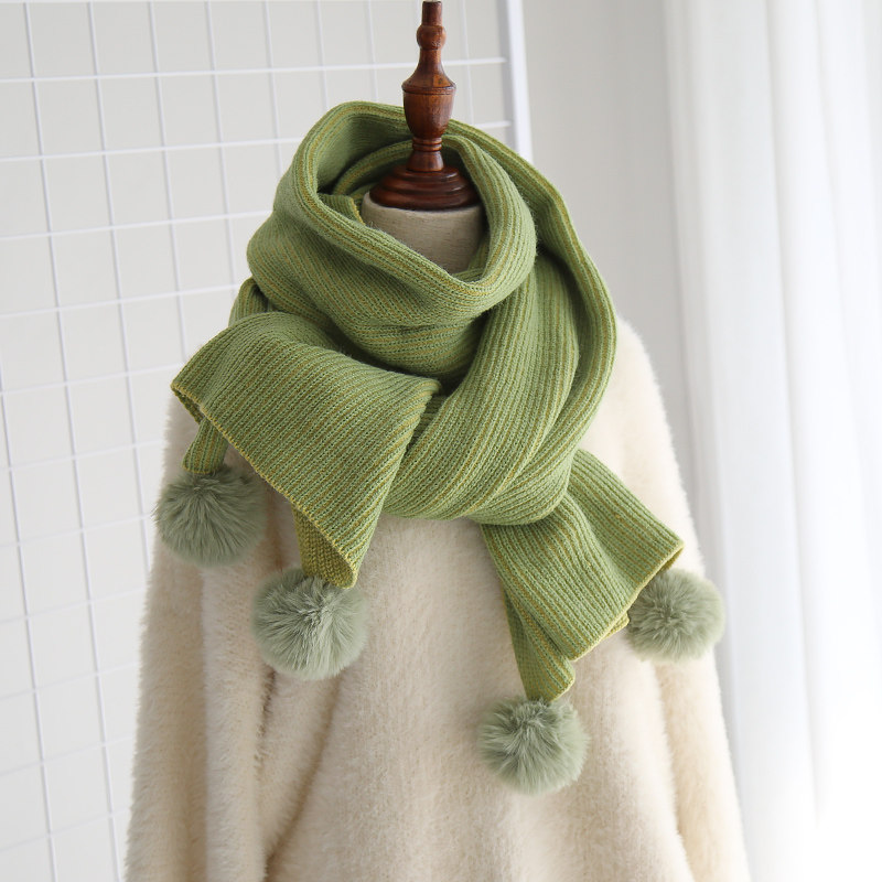 日系纯色加厚针织围巾冬天少女可爱韩版学生球球毛线围脖百搭保暖