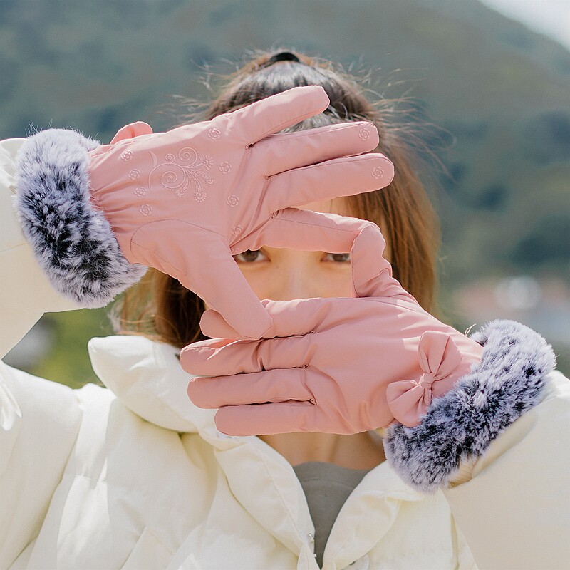 韩版冬季防水学生保暖加绒骑车防寒防风羽绒棉女可爱触屏滑雪手套