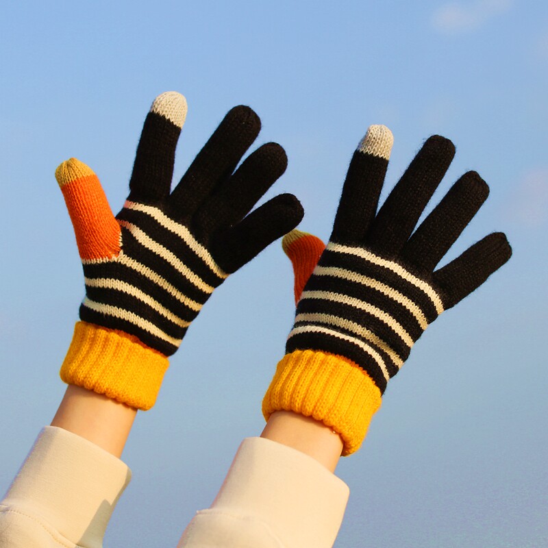 韩版可爱毛线撞色针织学生手套女秋冬保暖加厚加绒触屏防寒情侣男