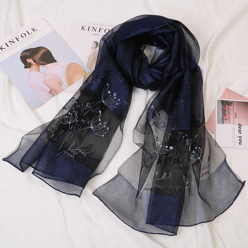 2023春秋新款双层真丝欧根纱纱巾百搭桑蚕丝丝巾金银线刺绣女围巾