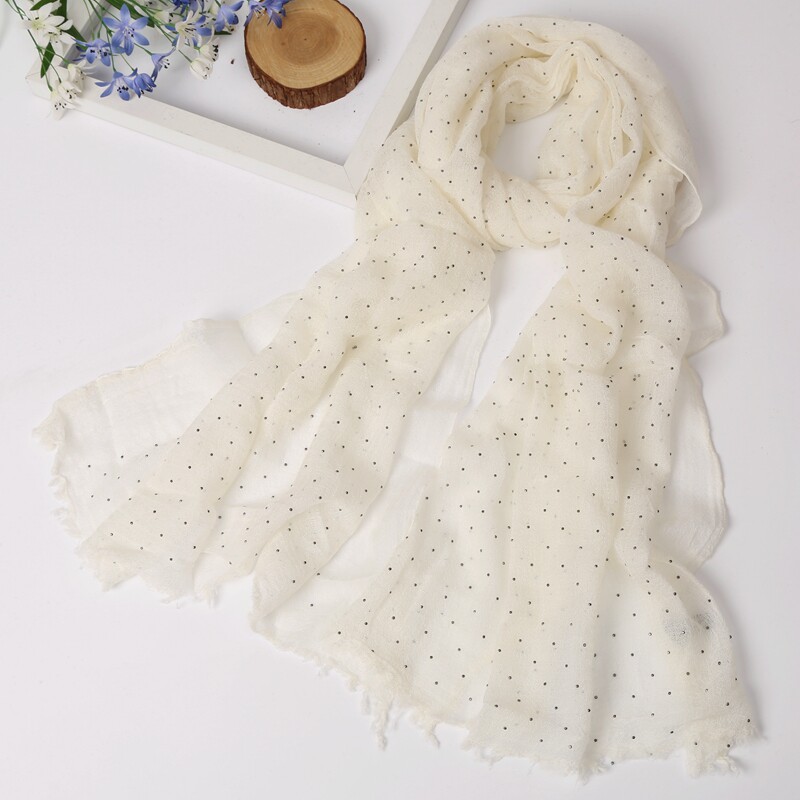 2023新款韩版春秋季百搭女纯色丝巾镶钻长款透气棉麻披围巾白色薄